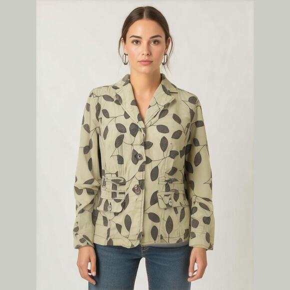 Sigrid Olsen Cream Corduroy Sage Embroidered Leaf Button Front Blazer Women Sz 6 - Picture 1 of 13